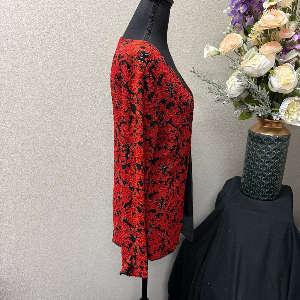 Brittany Black Red Black Floral Tie Front Ring Accent Cardigan Top Medium - Picture 5 of 8